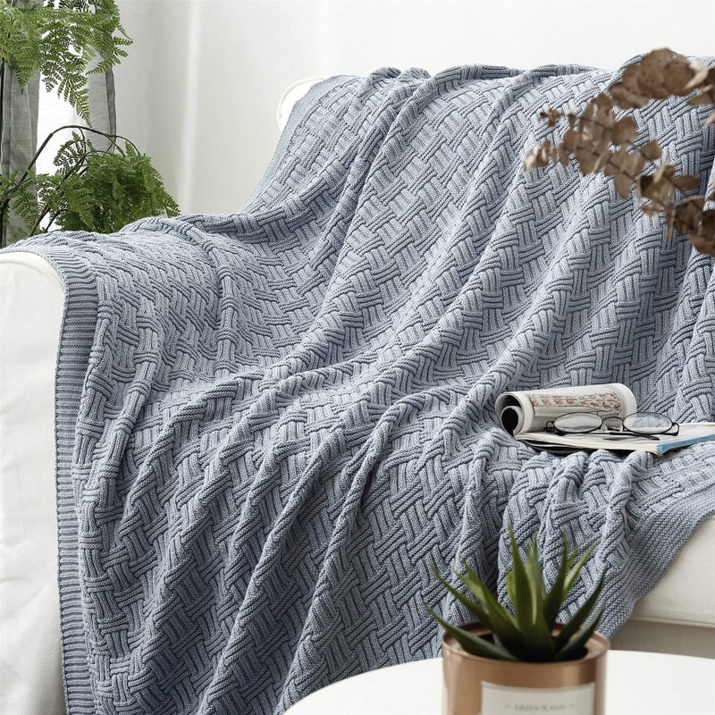 Longhui bedding Large Grey Blue Cotton Knit Throw Blanket for Couch Sofa Bed - Home Decorative Soft Cozy Sweater Woven Fall Cable Knitted Blankets - Blue Gray 3.4 pounds 60 x 80 Inch - Image 3
